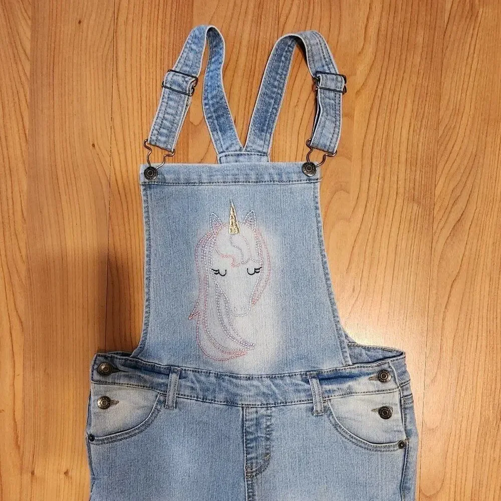 Cat & Jack Bib Overalls Embroidered Unicorn Super Stretch Youth L 10/12